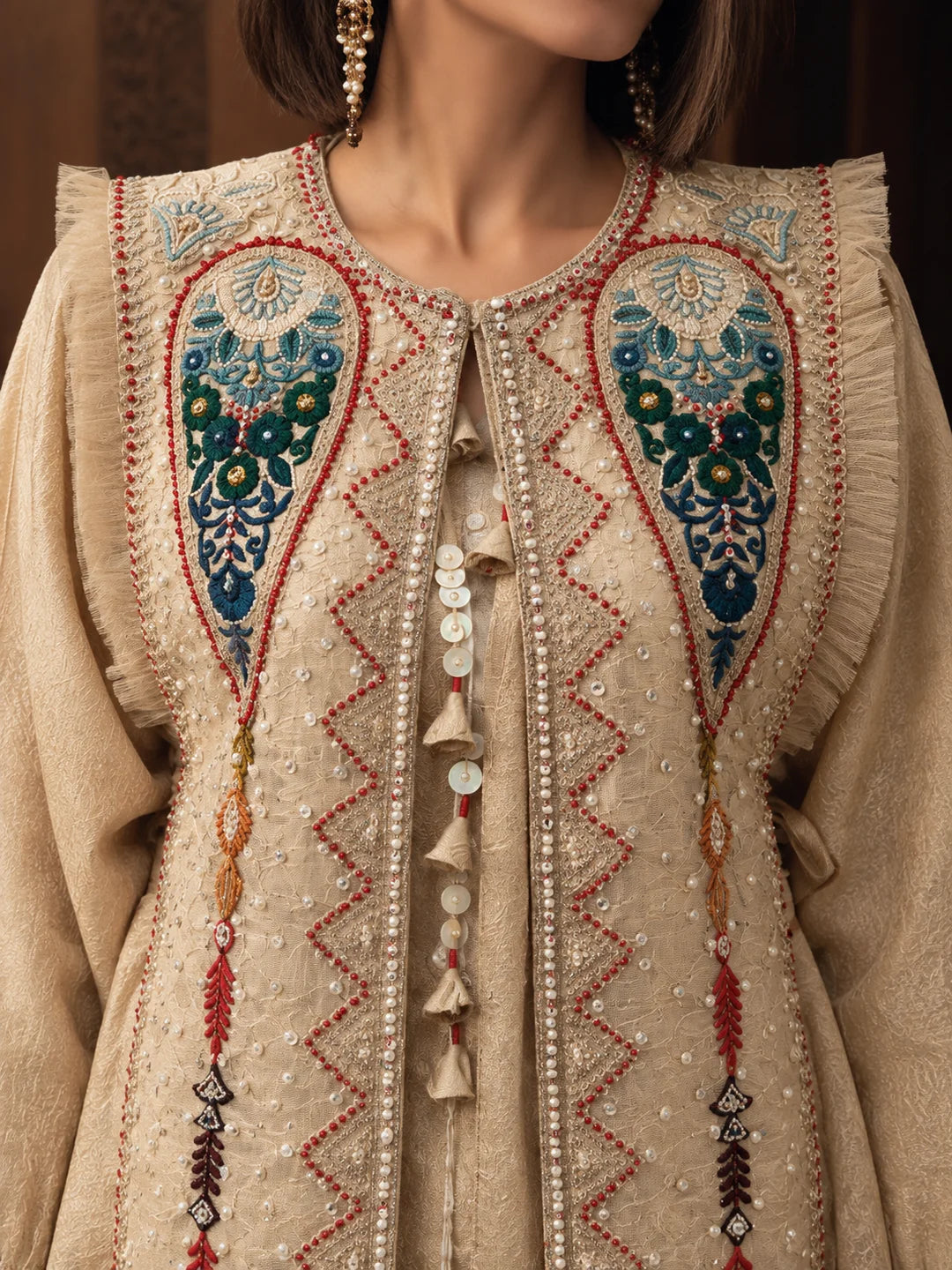 Beige Embroidered Fusion 3-Piece Set in Crush Silk