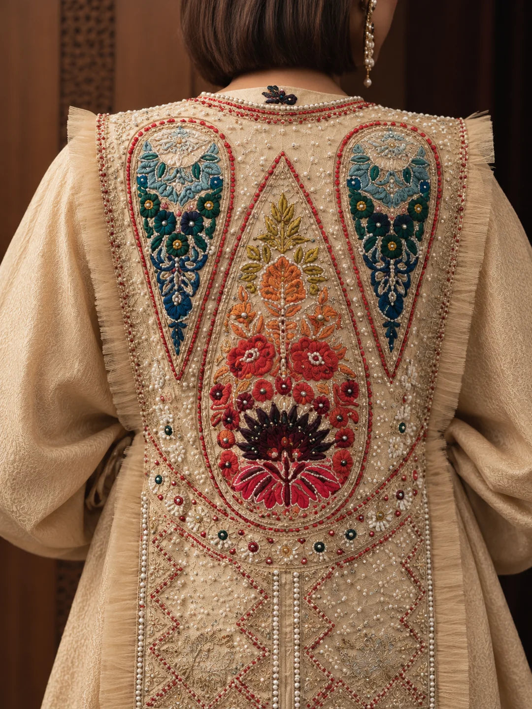 Beige Embroidered Fusion 3-Piece Set in Crush Silk
