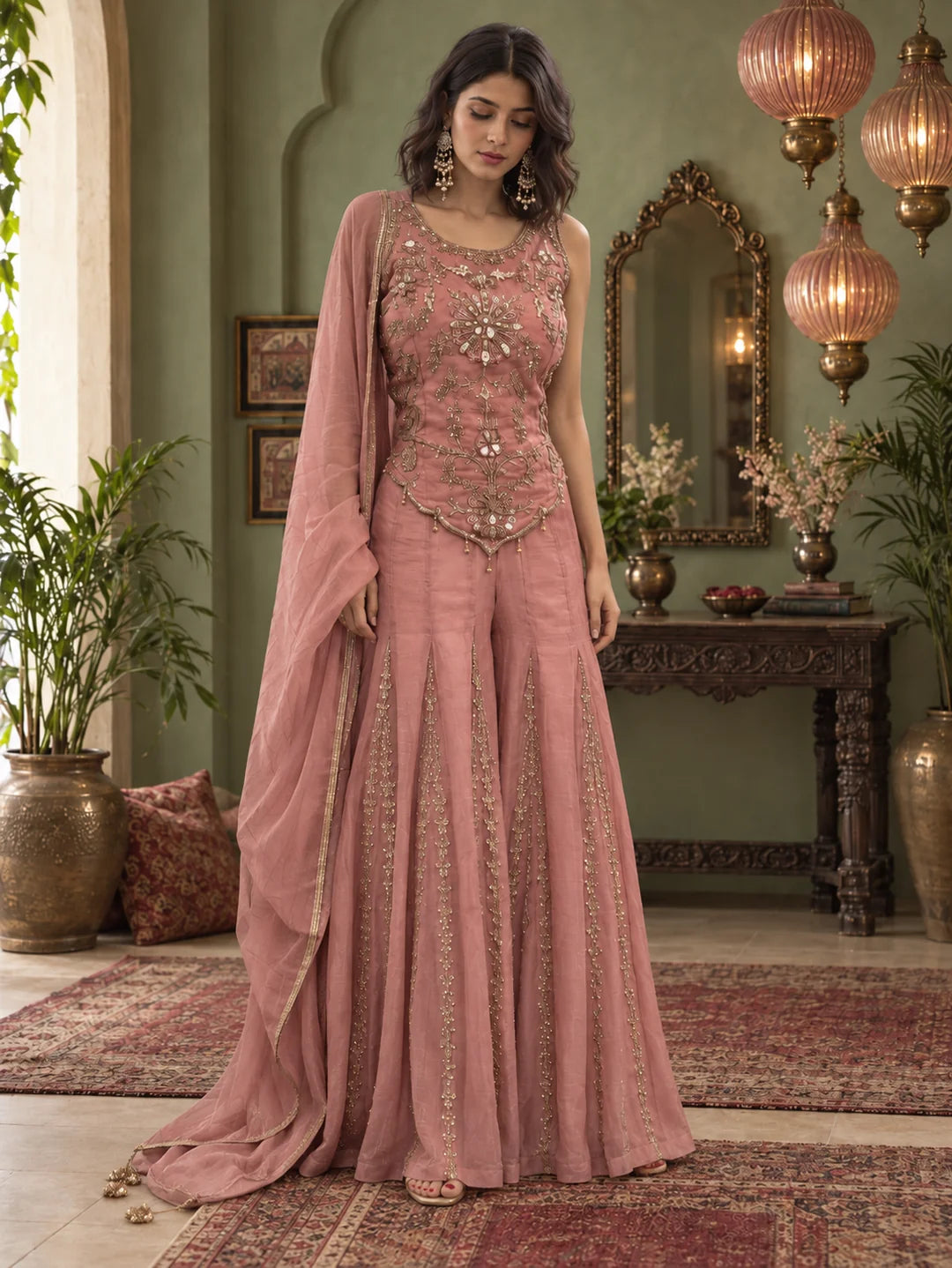 Blush Pink Embroidered Fusion 3-Piece Set in Crushed Tissue