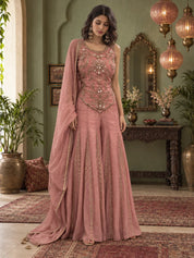 Blush Pink Embroidered Fusion 3-Piece Set in Crushed Tissue