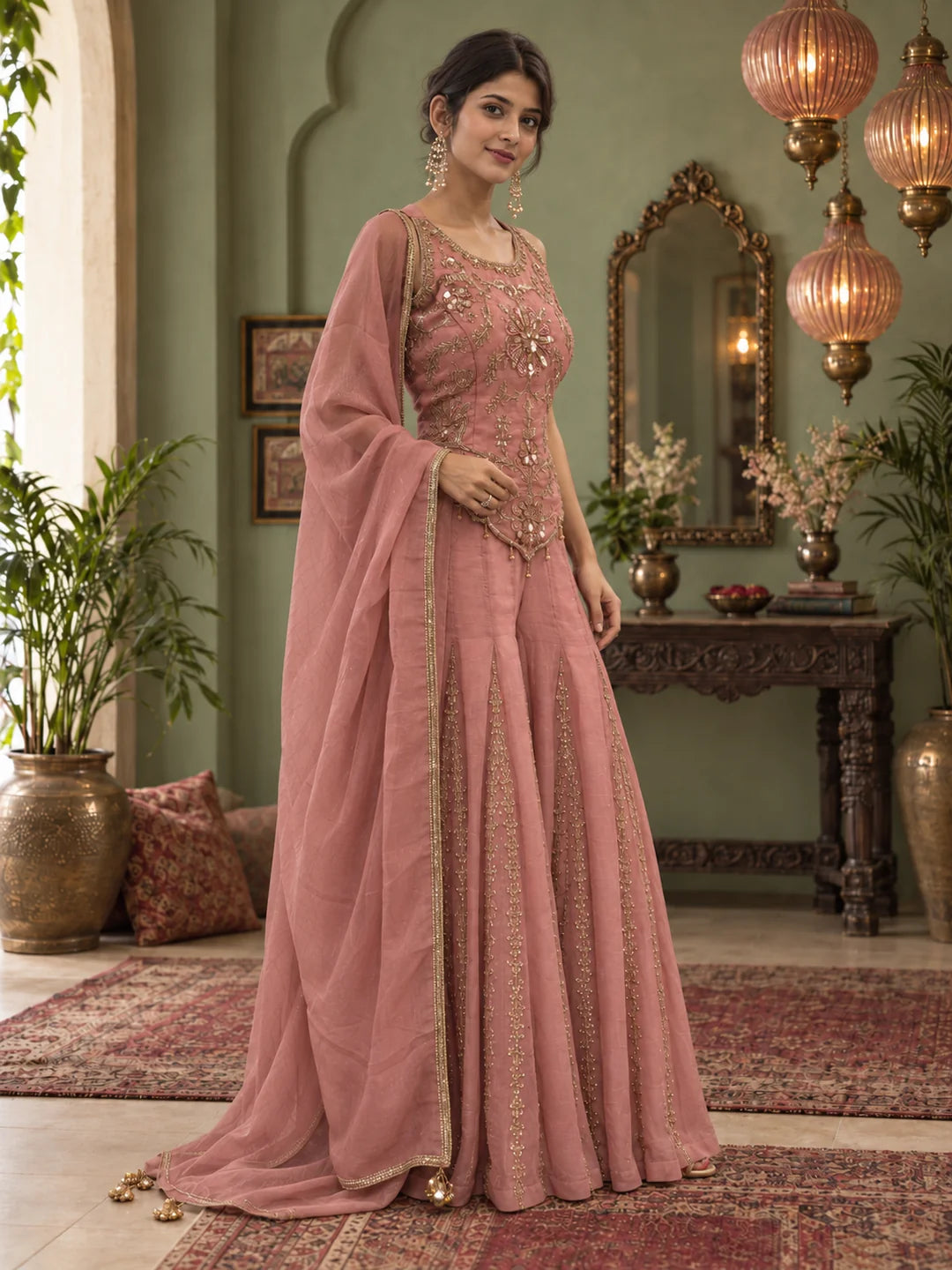 Blush Pink Embroidered Fusion 3-Piece Set in Crushed Tissue