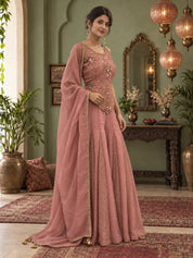 Blush Pink Embroidered Fusion 3-Piece Set in Crushed Tissue