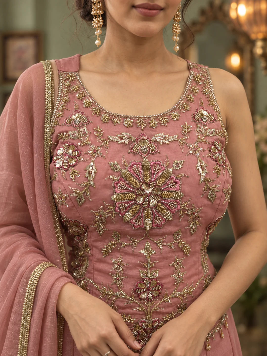 Blush Pink Embroidered Fusion 3-Piece Set in Crushed Tissue