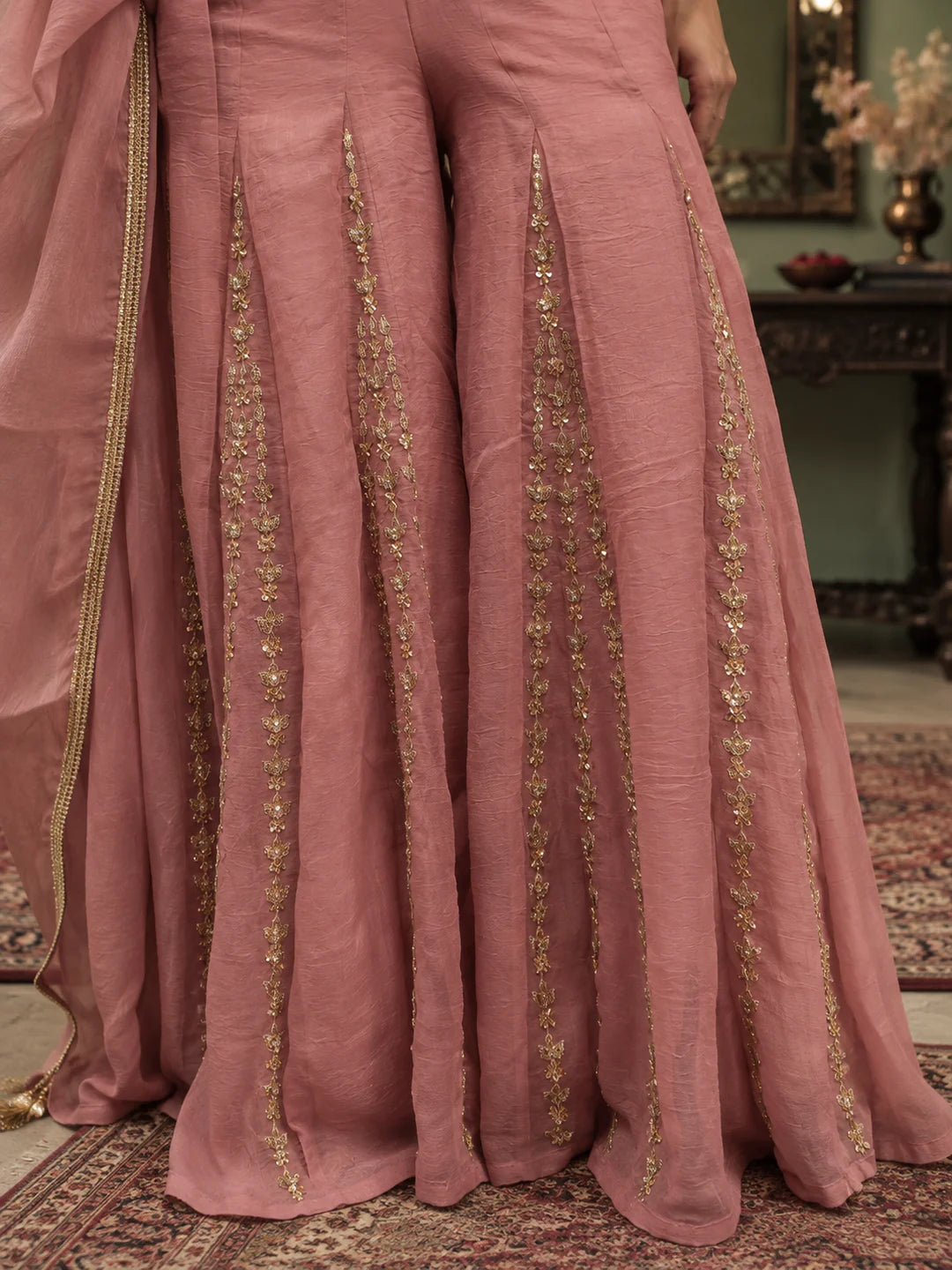 Blush Pink Embroidered Fusion 3-Piece Set in Crushed Tissue