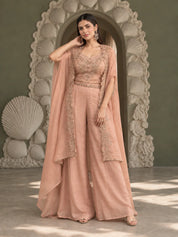 Salmon Pink Sequin Embroidered Fusion 3-Piece Set in Shimmer Tissue