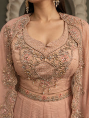 Salmon Pink Sequin Embroidered Fusion 3-Piece Set in Shimmer Tissue