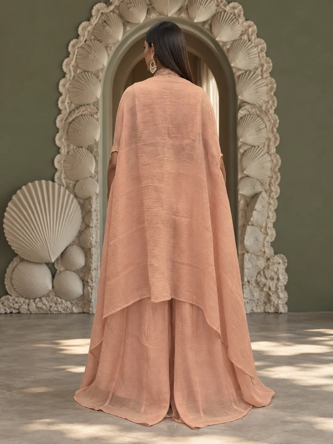 Salmon Pink Sequin Embroidered Fusion 3-Piece Set in Shimmer Tissue