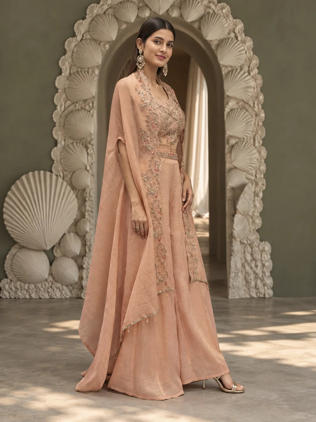 Salmon Pink Sequin Embroidered Fusion 3-Piece Set in Shimmer Tissue