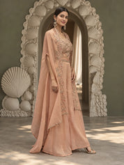 Salmon Pink Sequin Embroidered Fusion 3-Piece Set in Shimmer Tissue