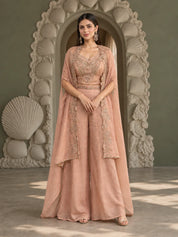 Salmon Pink Sequin Embroidered Fusion 3-Piece Set in Shimmer Tissue