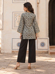 Grey V-Neck Tie-Knot Geometric Print Short Kurti in Cotton