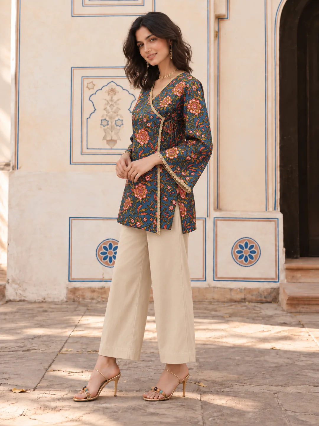 Slate Blue Tie-Knot Floral Jaal Short Kurti in Cotton