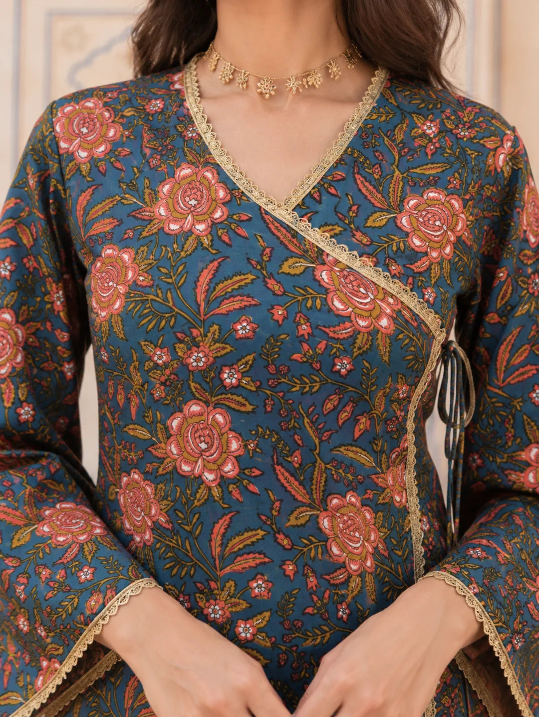 Slate Blue Tie-Knot Floral Jaal Short Kurti in Cotton