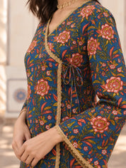 Slate Blue Tie-Knot Floral Jaal Short Kurti in Cotton