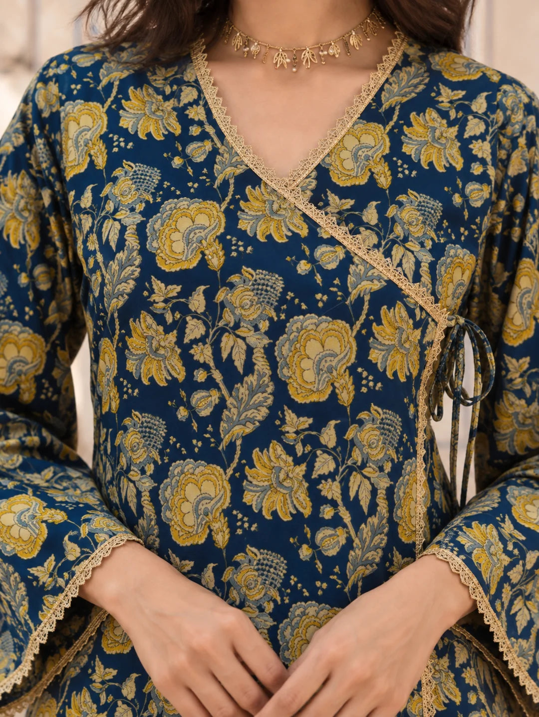 Navy Blue Tie-Knot Mustard Floral Jaal Short Kurti in Cotton