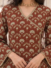 Maroon V-Neck Tie-Knot Floral Print Short Kurti in Cotton