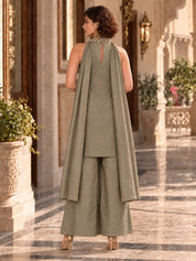 Grey Sequin Embroidered Sleeveless Kurta Set with Strap Dupatta in Shimmer Tissue