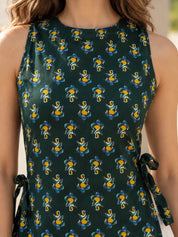 Green Sleeveless Side-Tie High-Low Floral Buti Short Kurti in Cotton