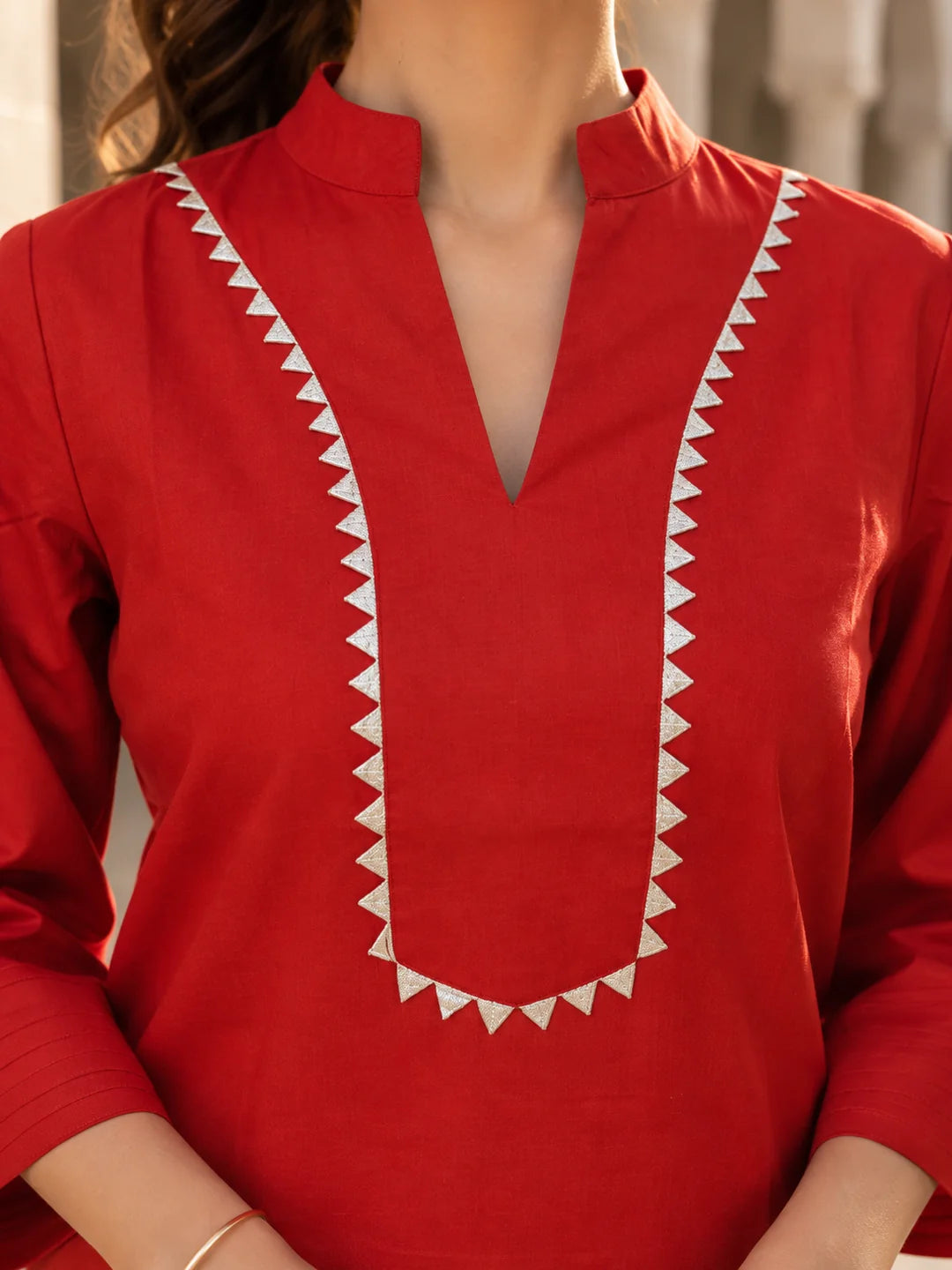 Red Mandarin V-Notch Short Kurti with Gota Patti in Cotton