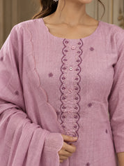 Blush Pink Scallop Placket Embroidered Kurta Set with Dupatta in Kota Doria