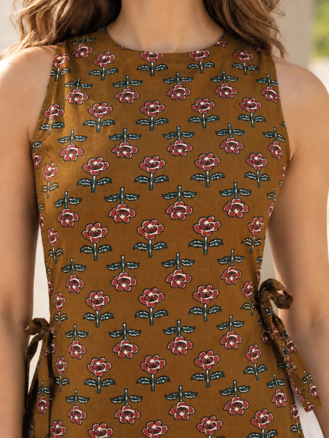 Chocolate Brown Sleeveless Side-Tie High-Low Floral Buti Short Kurti in Cotton
