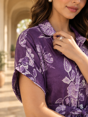 Purple Abstract Printed Bold Flower Motif Midi Dress In Russian Silk