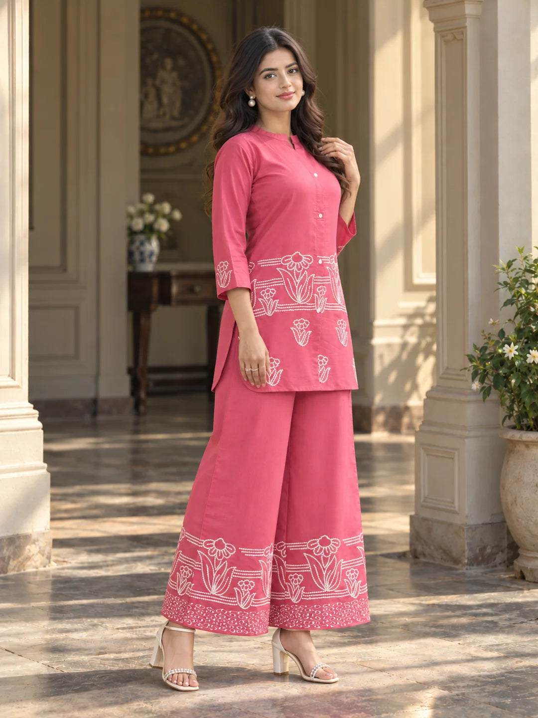 Conjunto bordado floral de seda rosa palo