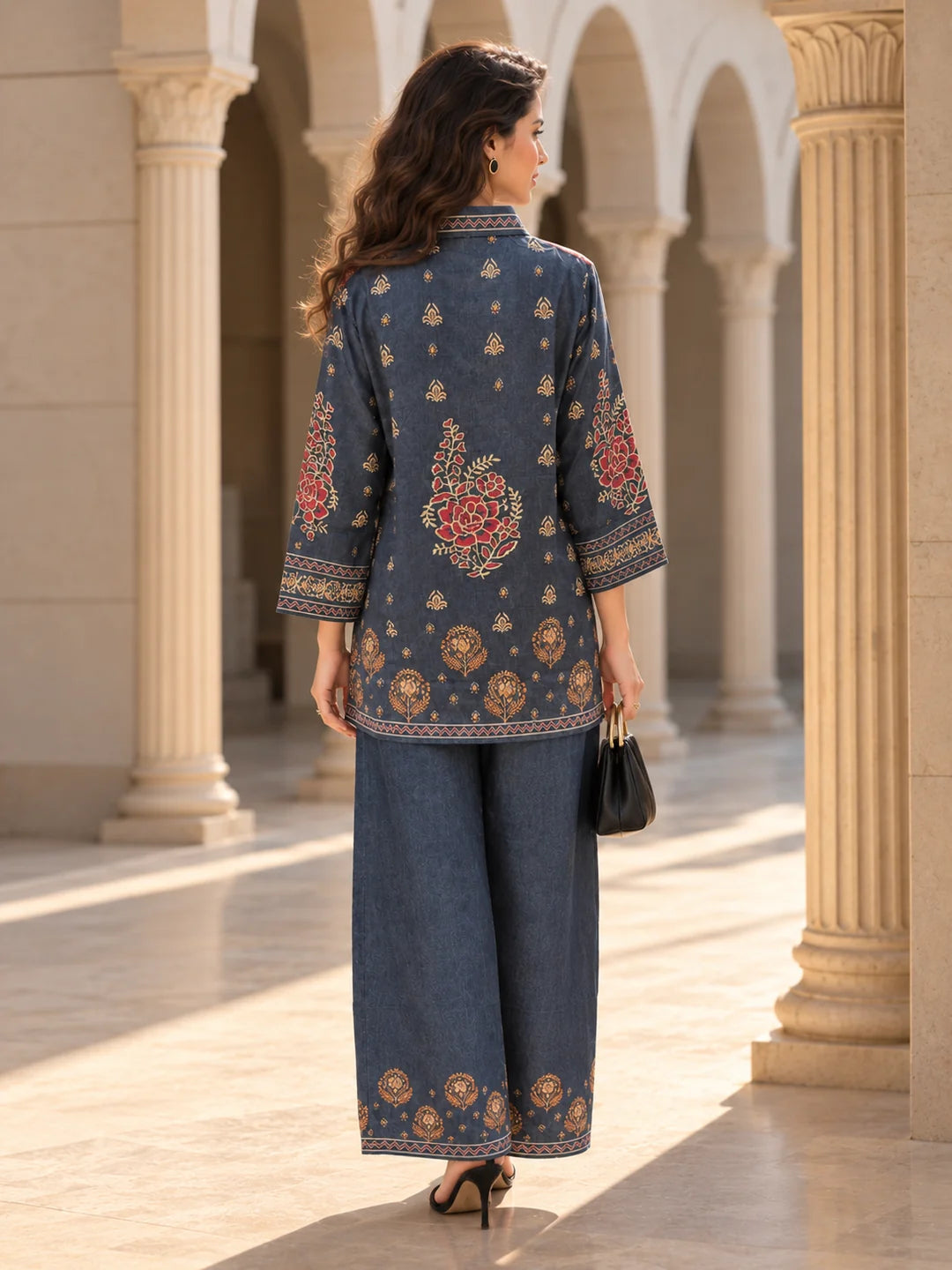 Dusty Blue Multiple Patch Print Co-Ord Set in Crepe