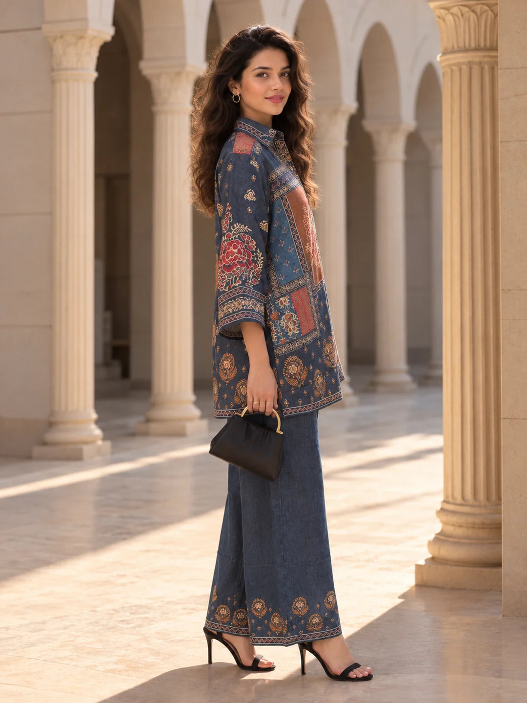Dusty Blue Multiple Patch Print Co-Ord Set in Crepe