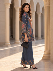 Dusty Blue Multiple Patch Print Co-Ord Set in Crepe
