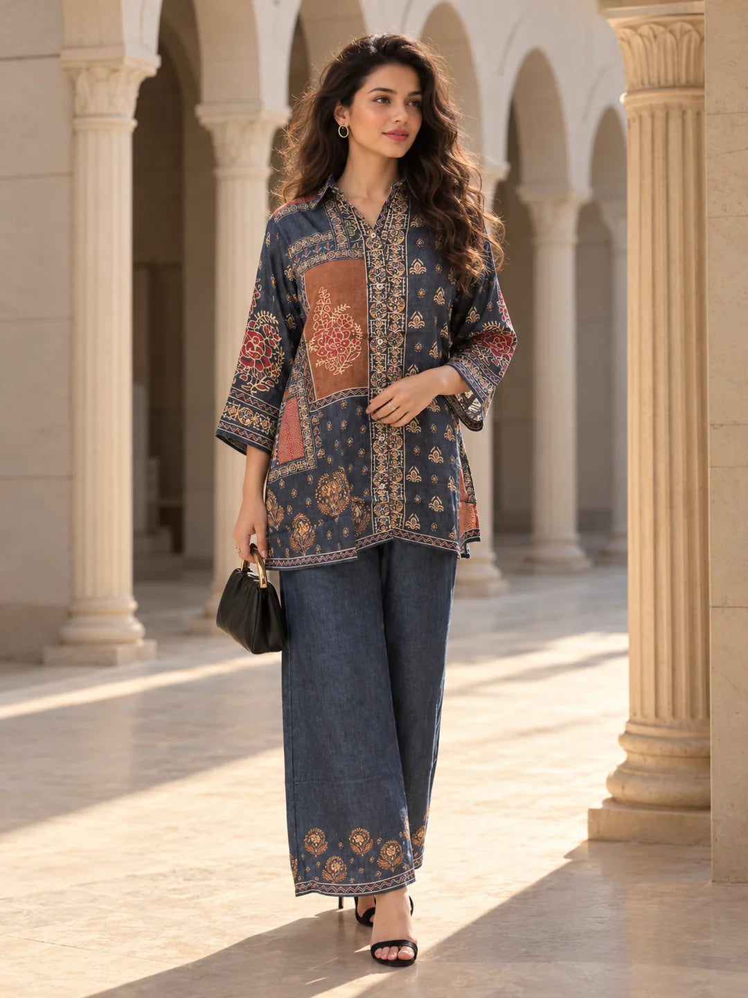 Dusty Blue Multiple Patch Print Co-Ord Set in Crepe