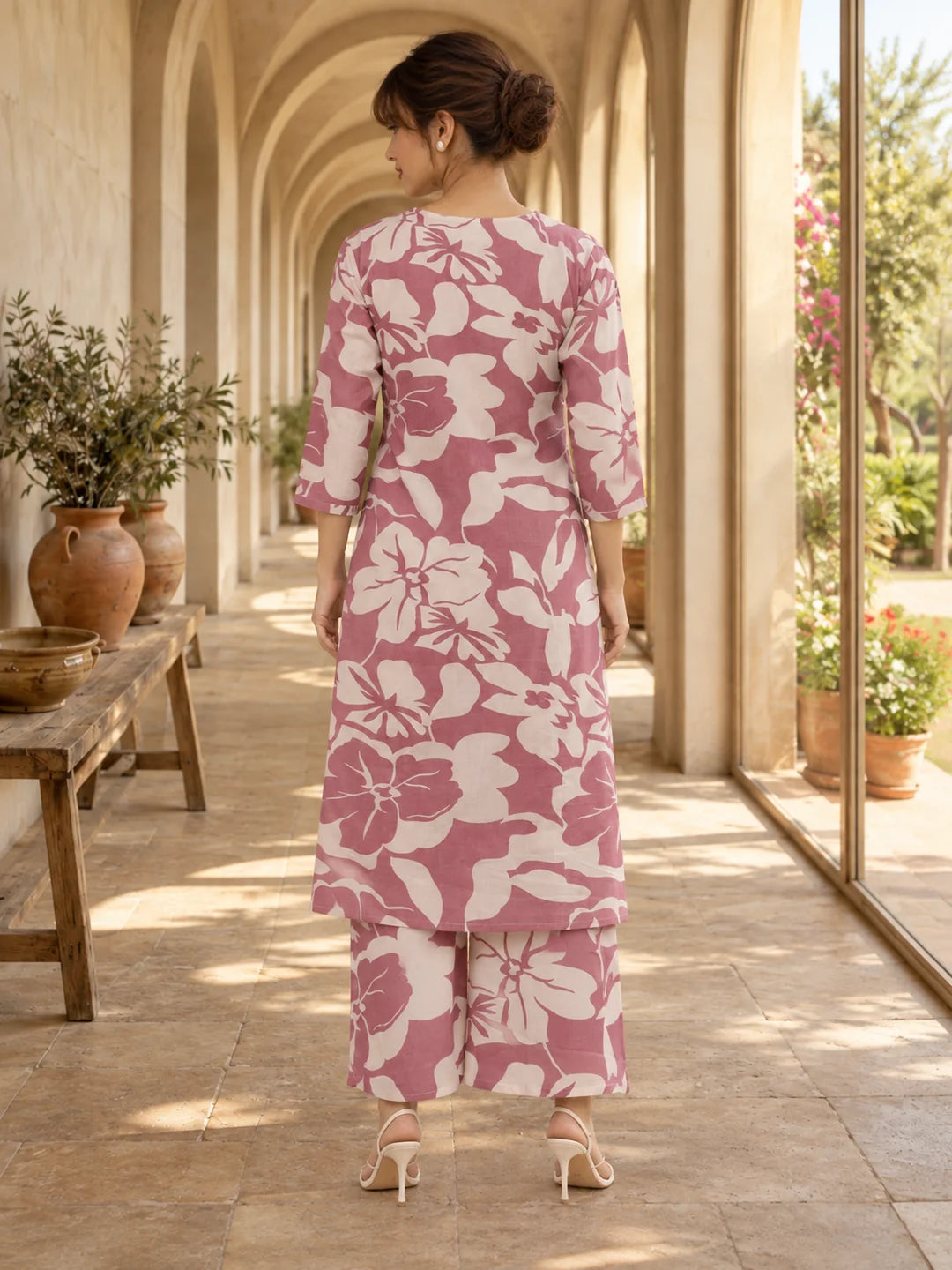 Conjunto de Algodón Estampado Floral Morado a juego