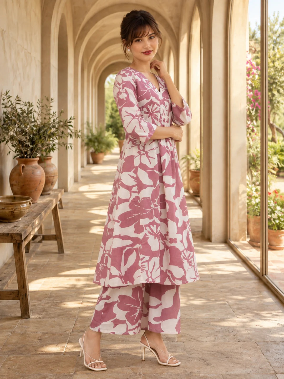 Conjunto de Algodón Estampado Floral Morado a juego