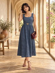 Denim Blue A-Line Dress with Butterfly Ornament in Cotton Denim