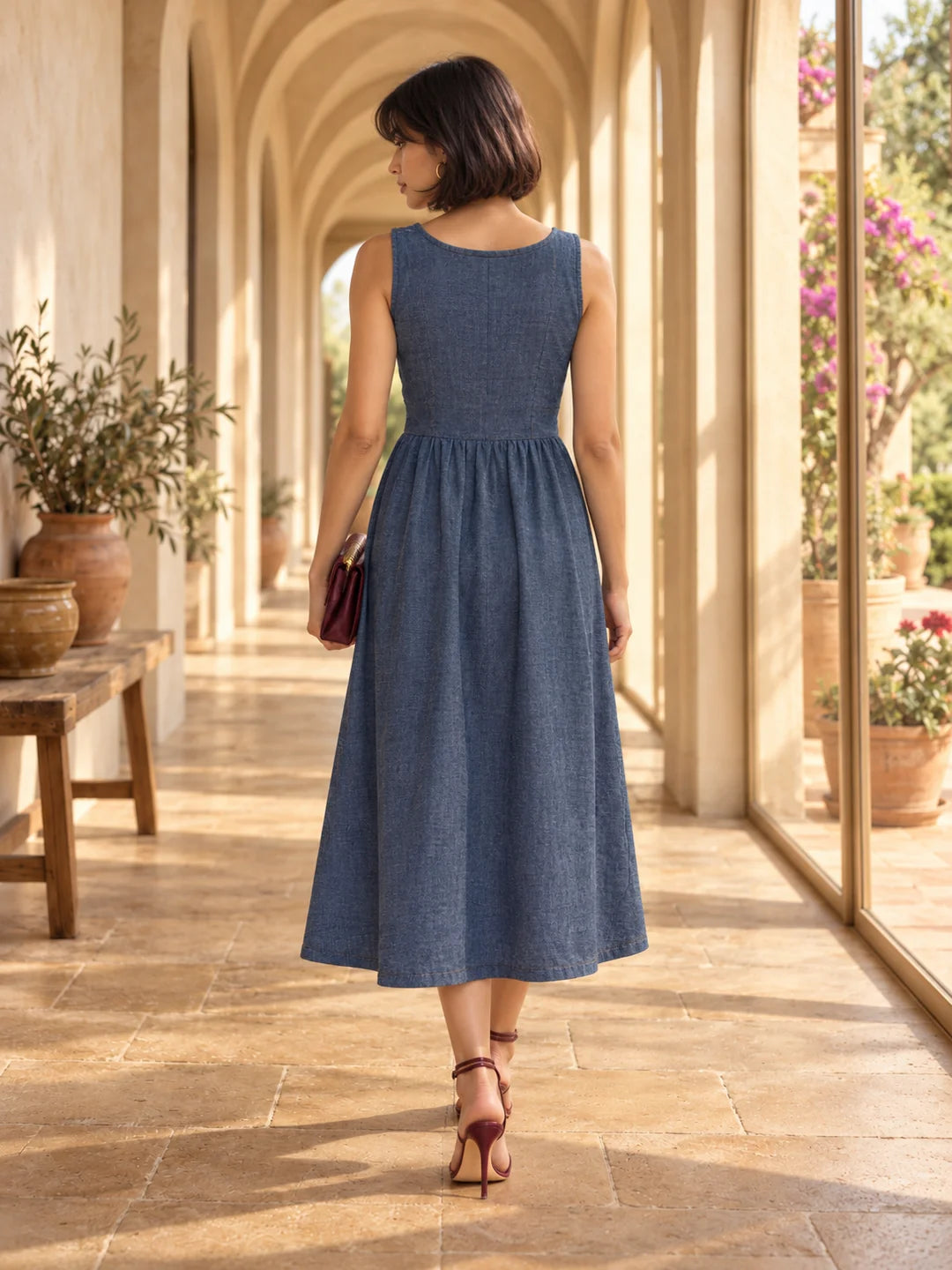 Denim Blue A-Line Dress with Butterfly Ornament in Cotton Denim