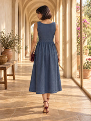 Denim Blue A-Line Dress with Butterfly Ornament in Cotton Denim
