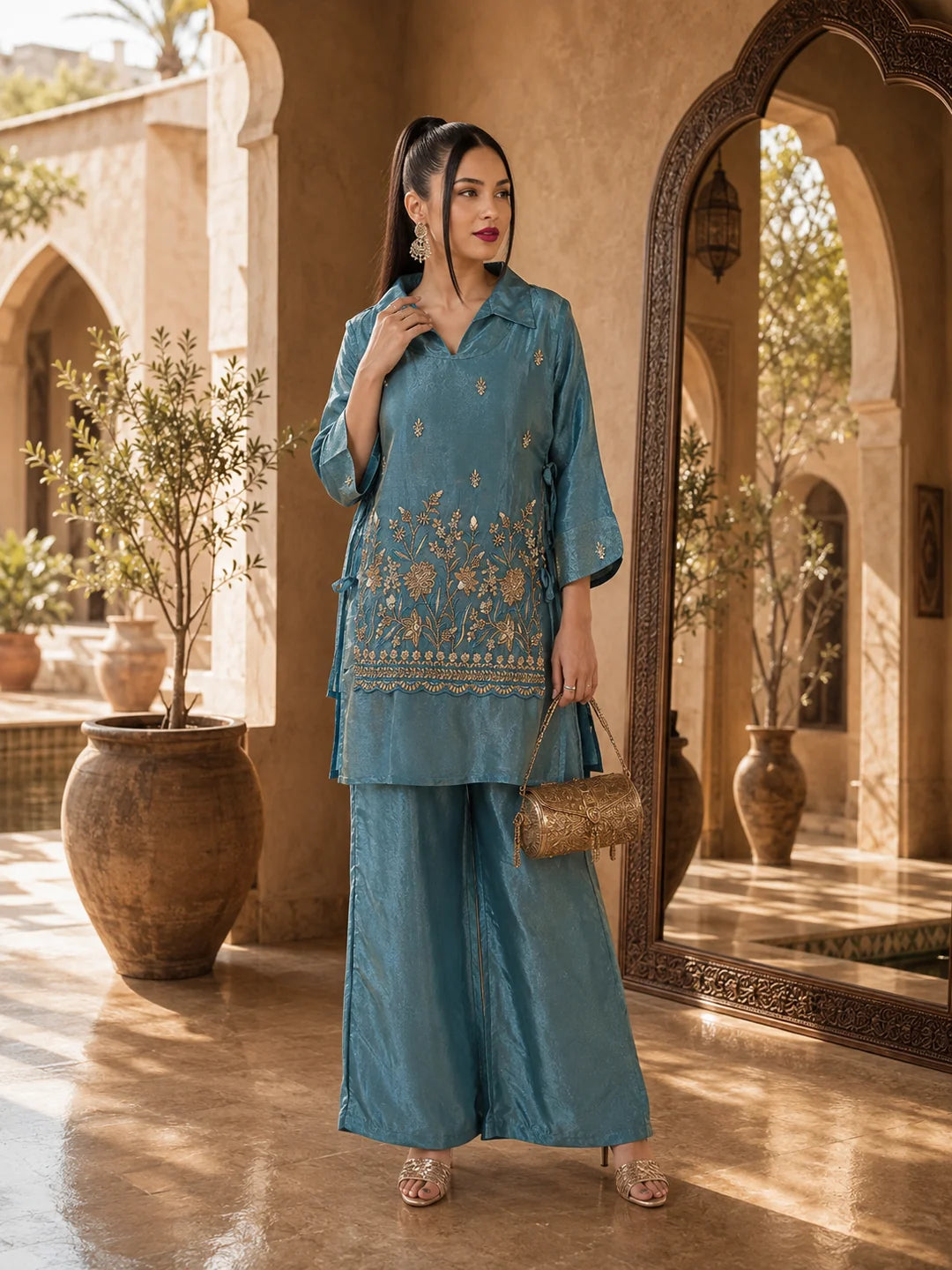 Sky Blue 3 Piece Co-Ord Set with Sleeveless Bib in Shimmer Tissue