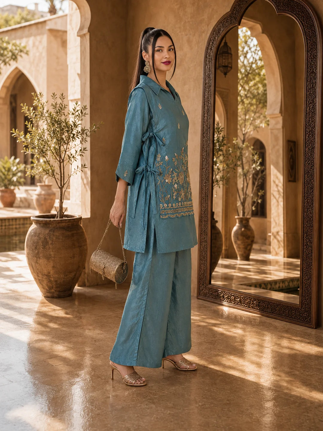 Sky Blue 3 Piece Co-Ord Set with Sleeveless Bib in Shimmer Tissue
