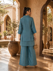 Sky Blue 3 Piece Co-Ord Set with Sleeveless Bib in Shimmer Tissue