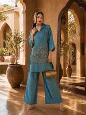 Sky Blue 3 Piece Co-Ord Set with Sleeveless Bib in Shimmer Tissue