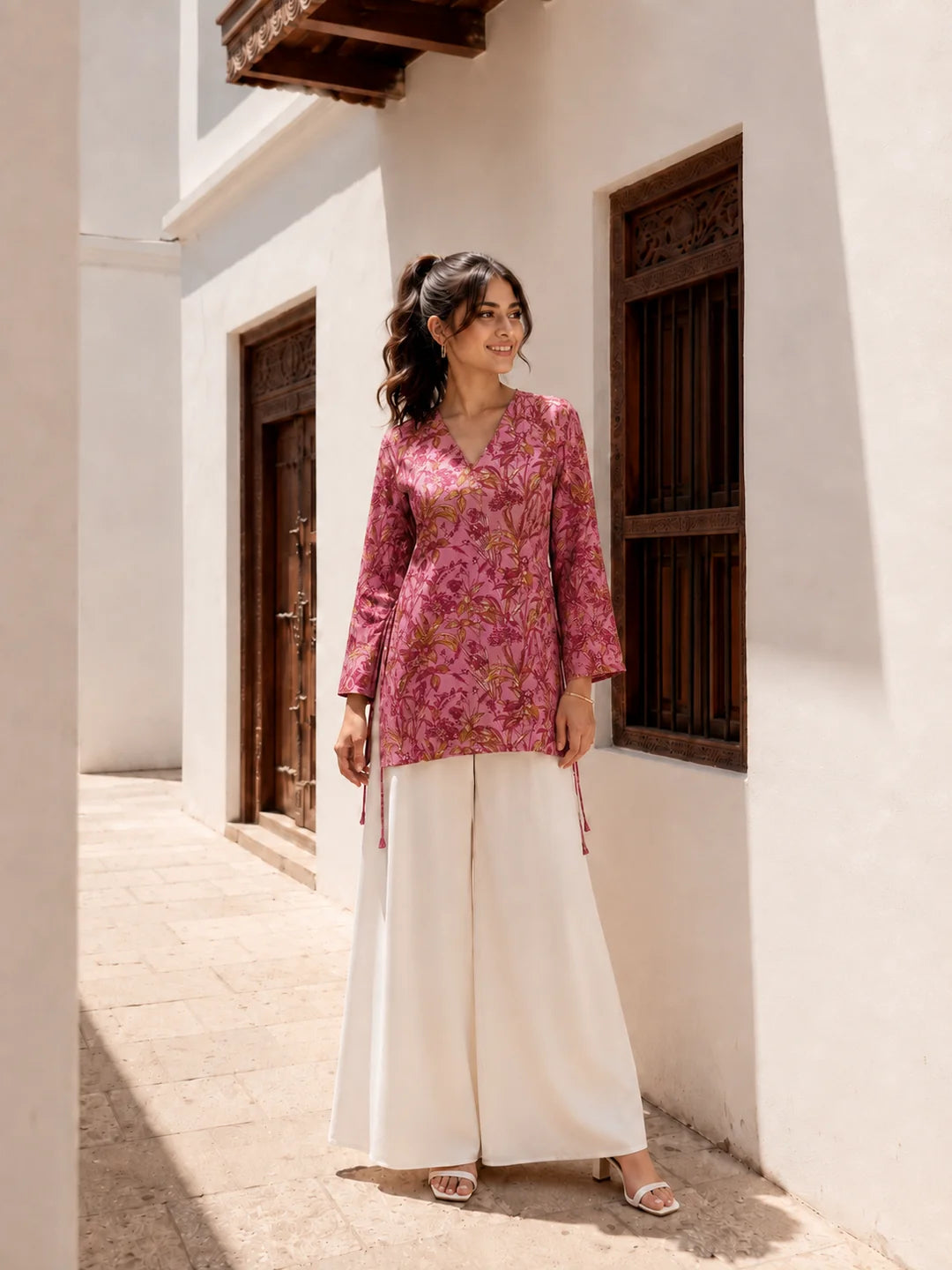 Pink Side Criss-Cross Tie Floral Jaal Short Kurti in Cotton