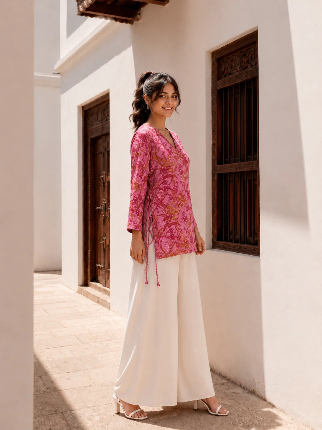 Pink Side Criss-Cross Tie Floral Jaal Short Kurti in Cotton