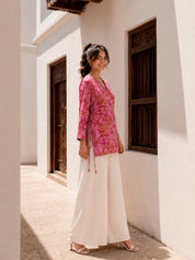Pink Side Criss-Cross Tie Floral Jaal Short Kurti in Cotton