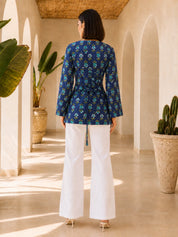 Blue Back Criss-Cross Tie Floral Buti Short Kurti in Cotton