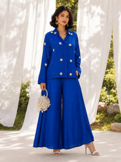 Royal Blue Pearl & Diamond Patchwork Flared Co-Ord Set in Russian Silk