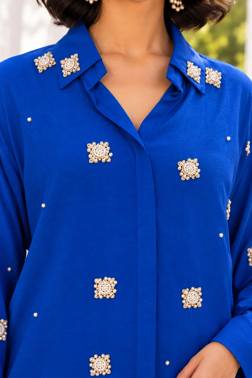 Royal Blue Pearl & Diamond Patchwork Flared Co-Ord Set in Russian Silk
