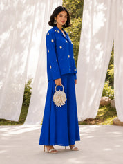 Royal Blue Pearl & Diamond Patchwork Flared Co-Ord Set in Russian Silk
