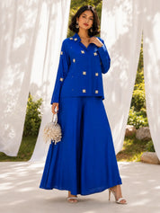 Royal Blue Pearl & Diamond Patchwork Flared Co-Ord Set in Russian Silk