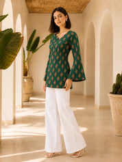 Green Back Criss-Cross Tie Floral Buti Short Kurti in Cotton