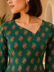 Green Back Criss-Cross Tie Floral Buti Short Kurti in Cotton